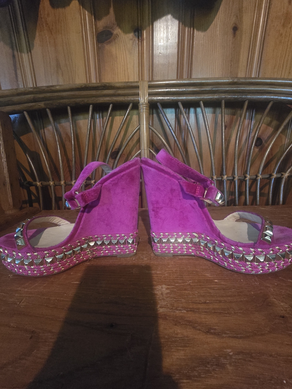 Christian Louboutin Fuchsia Wedge Sandals with Studded Trim